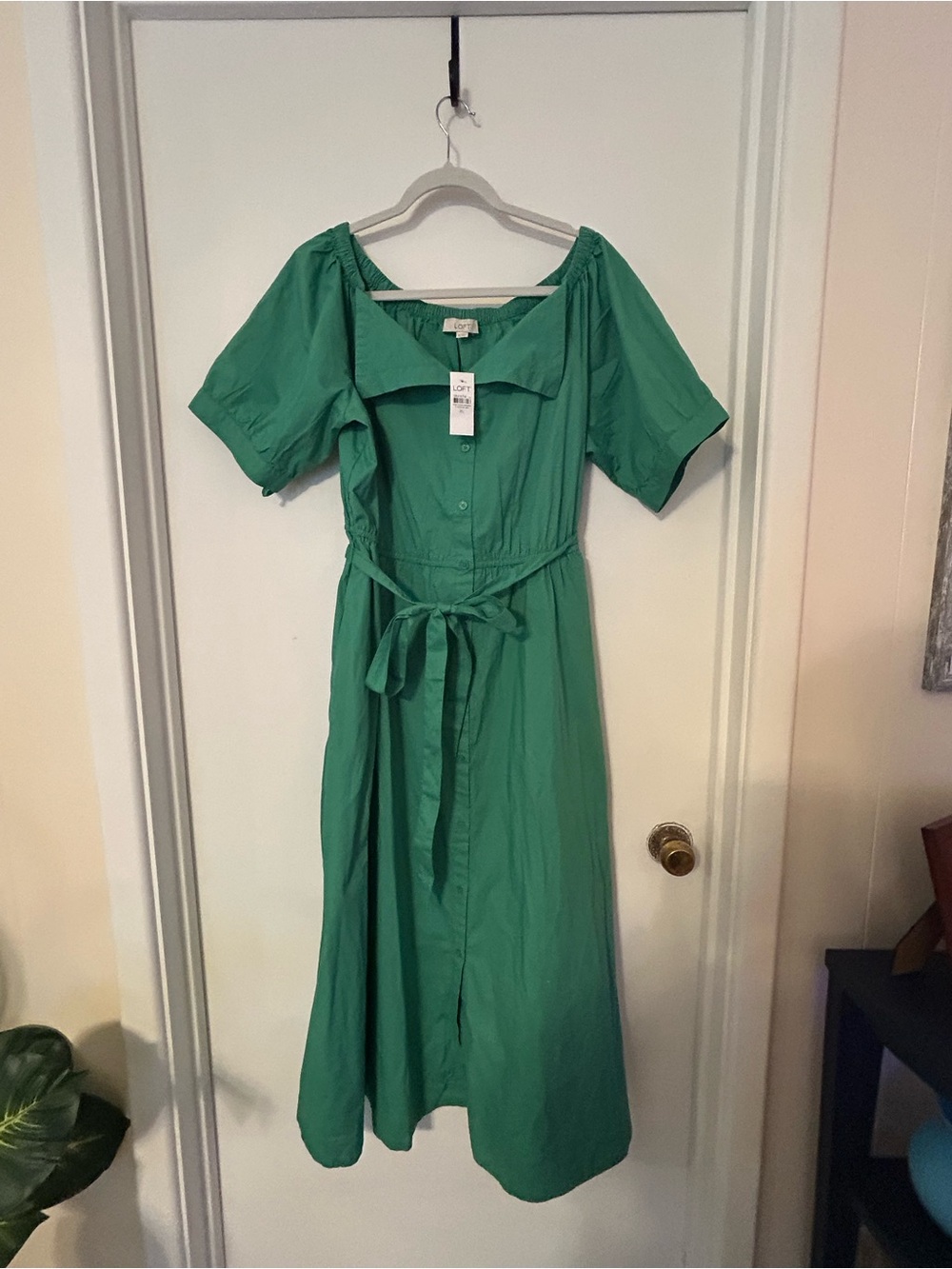 NWT LOFT Green OTS open-collared Button-Front Midi/Maxi Dress with Waist Tie